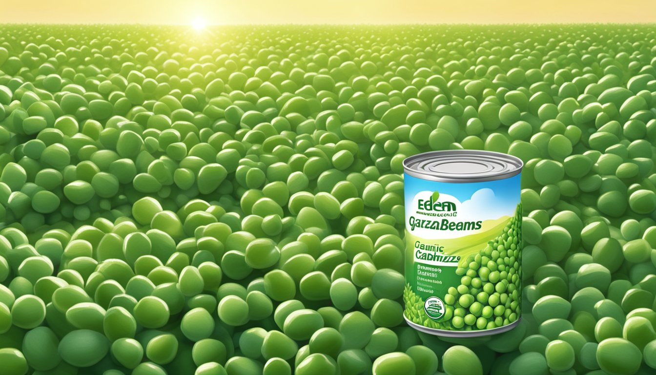 A can of Eden Foods organic garbanzo beans surrounded by fresh green chickpea plants in a sunlit field