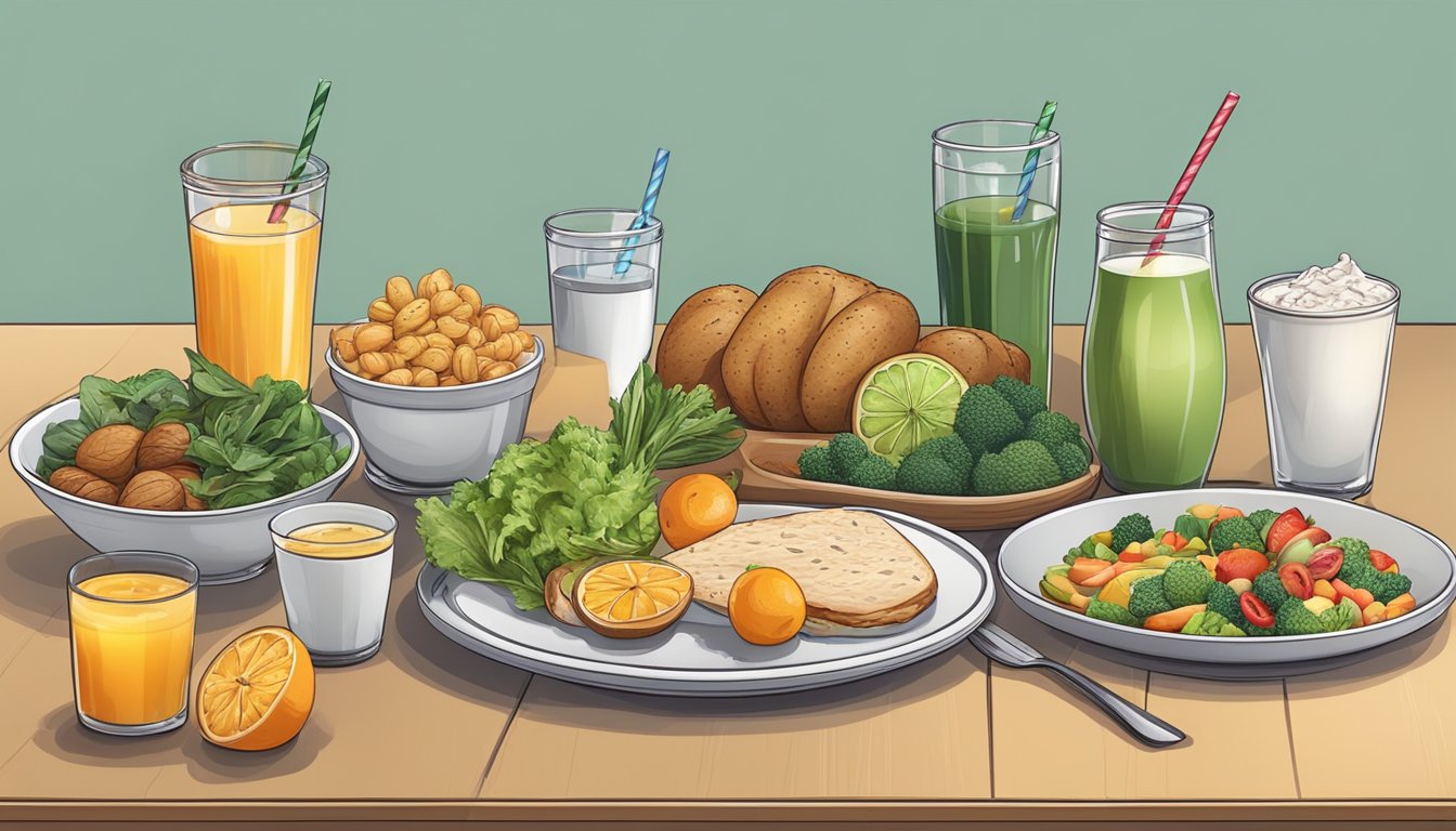 A table set with a variety of healthy foods and drinks, with intermittent fasting and athletic performance as the central themes