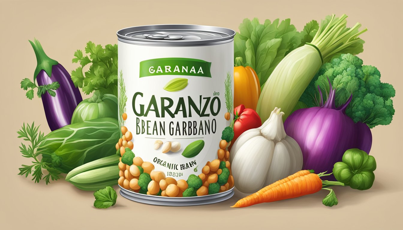 A can of Eden Organic Garbanzo Beans surrounded by fresh, vibrant vegetables and herbs