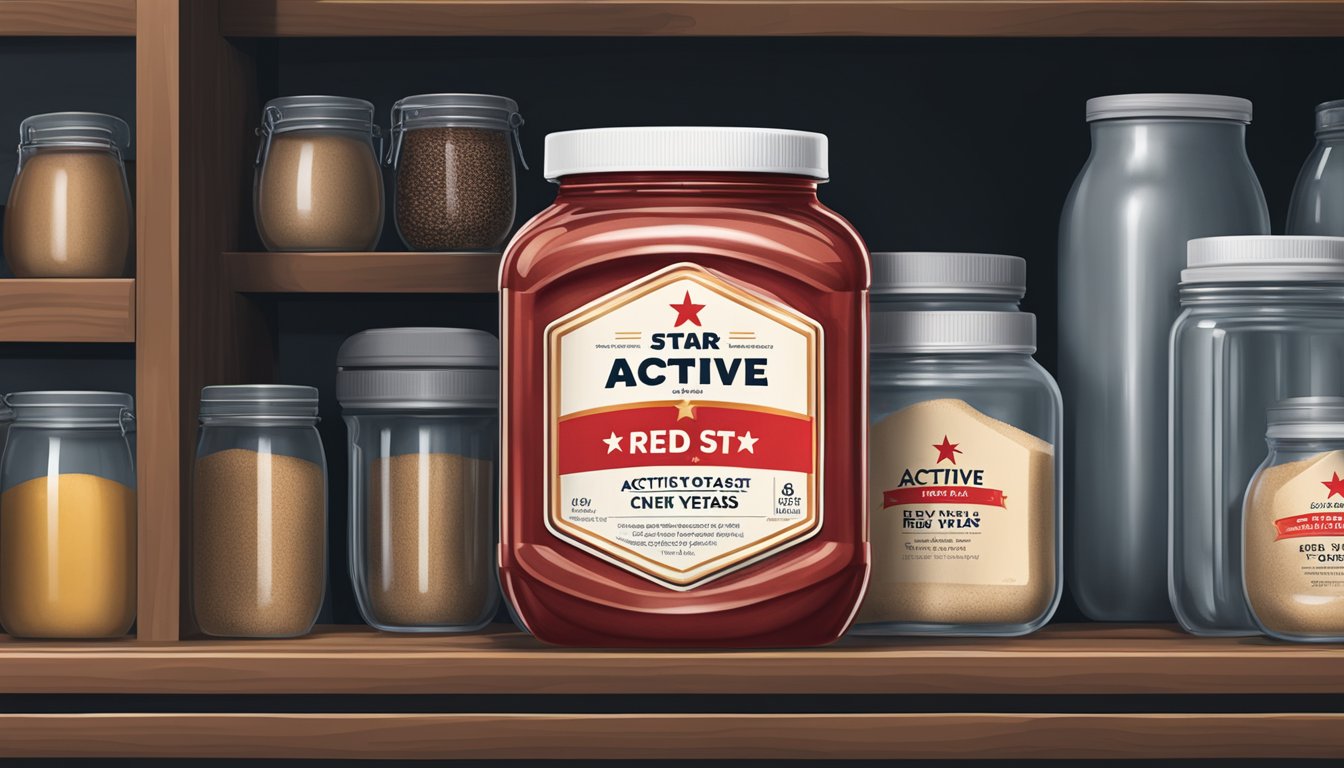 A sealed jar of red star active dry yeast sits in a cool, dark pantry