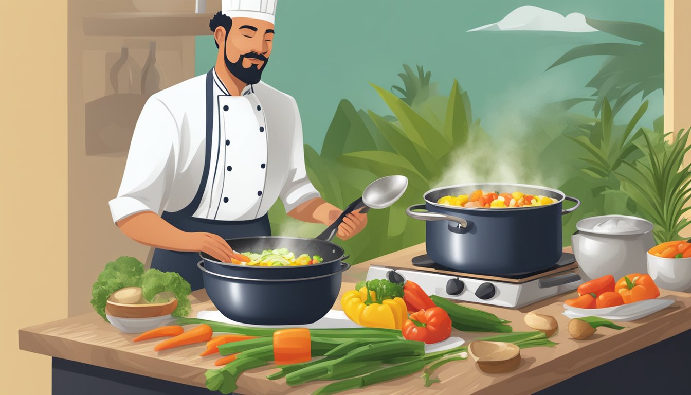 A chef sautéing vegetables in a sizzling pan of coconut oil