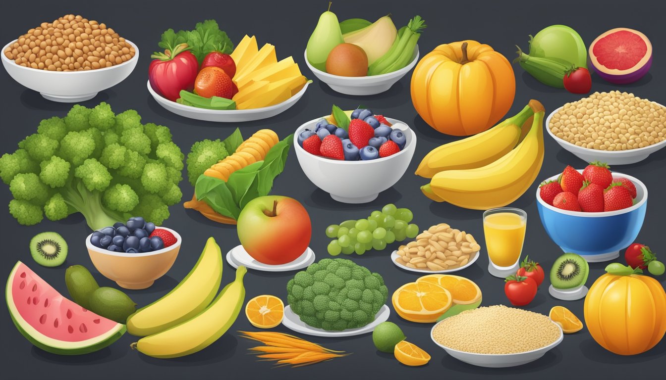 A table set with a variety of colorful, nutrient-dense foods, including fruits, vegetables, lean proteins, and whole grains, arranged in an appealing and appetizing display