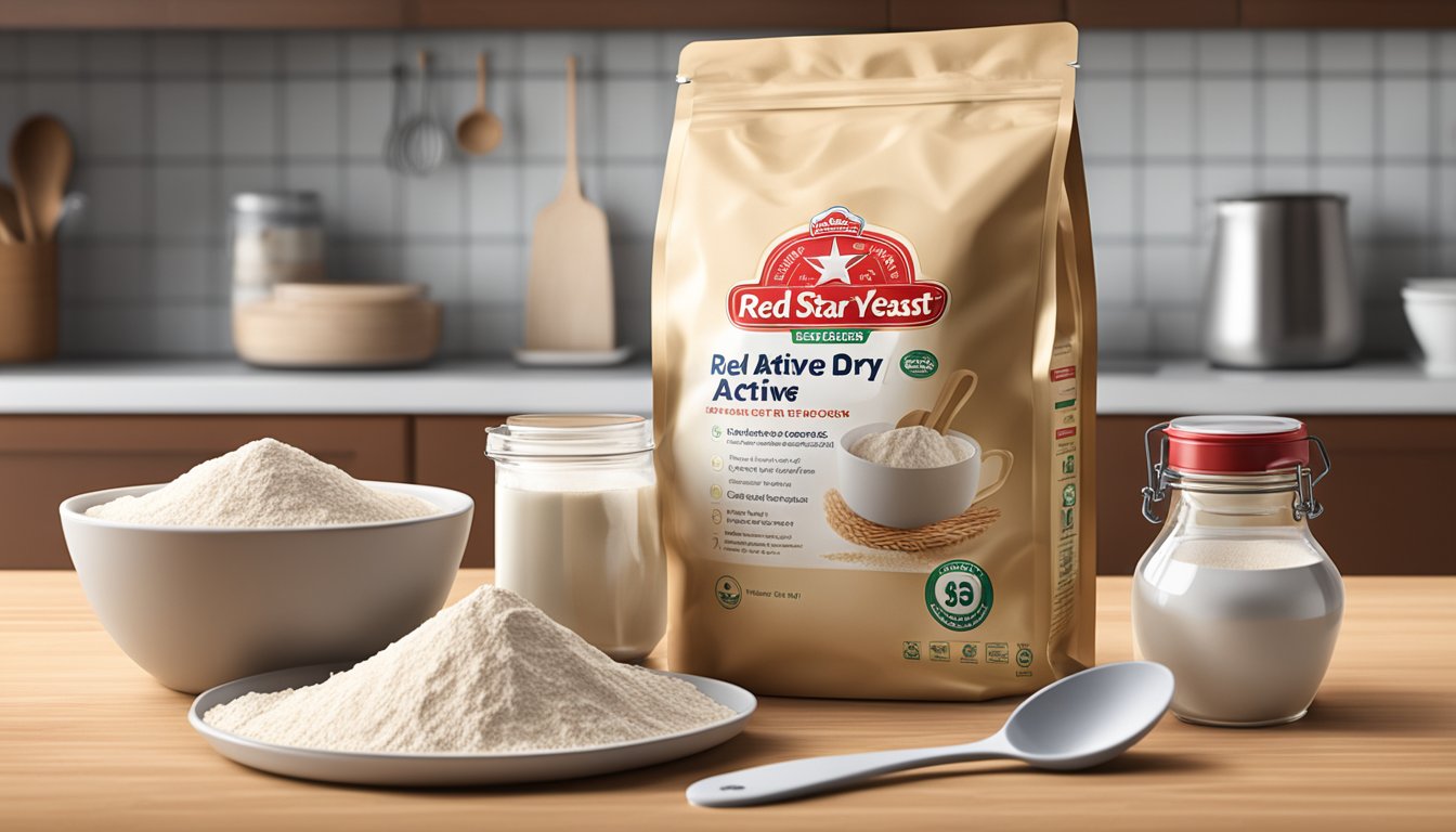 A packet of Red Star Active Dry Yeast sits on a kitchen counter, surrounded by measuring spoons, a mixing bowl, and a bag of flour