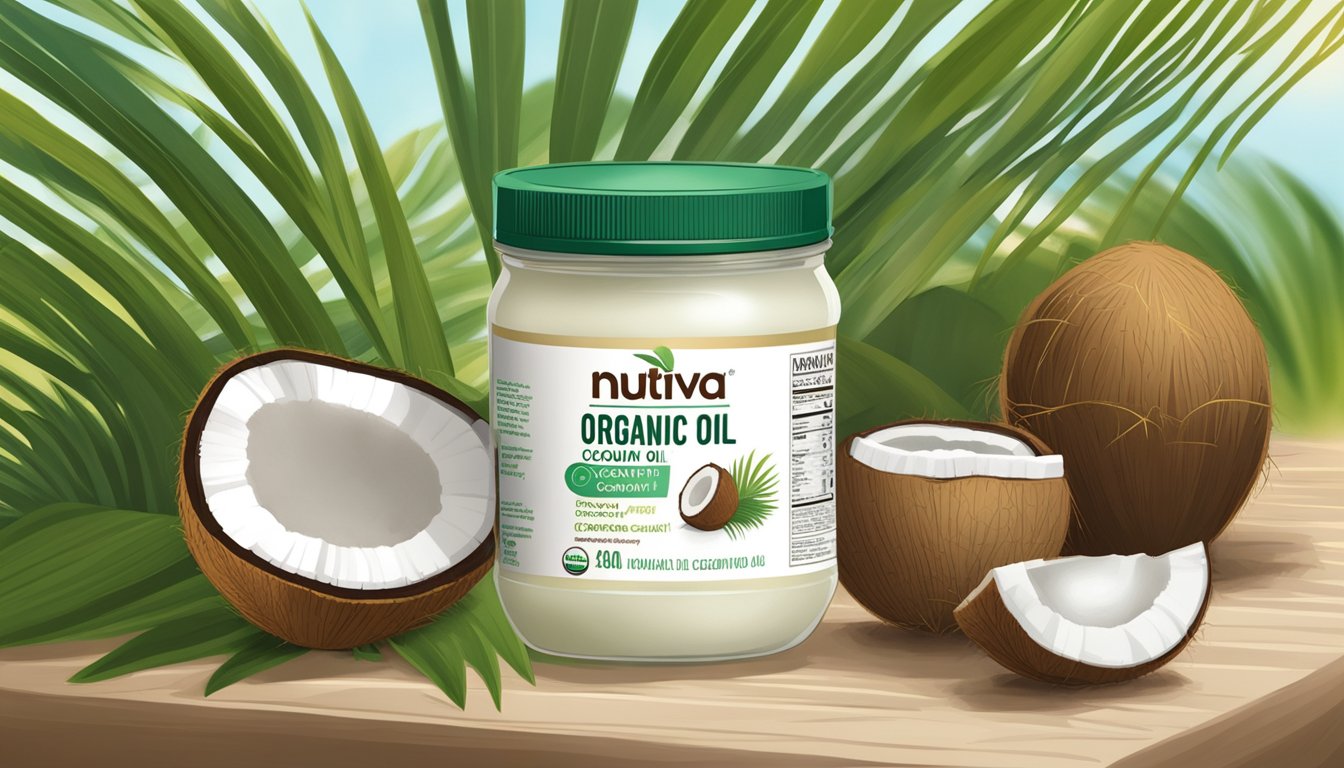 A jar of Nutiva organic virgin coconut oil sits next to a pile of unrefined coconut oil, both surrounded by fresh coconuts and palm leaves