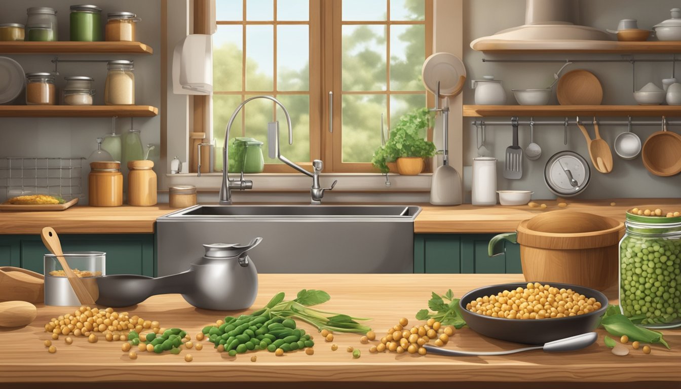 A rustic kitchen with a wooden countertop, a can of Eden Foods organic garbanzo beans, and various cooking utensils scattered around