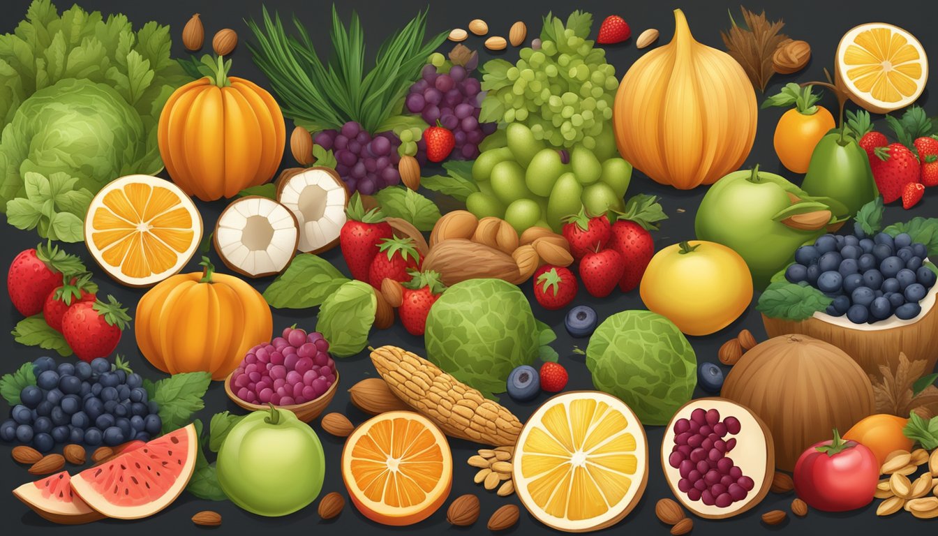 A bountiful table of colorful fruits, vegetables, and whole grains, surrounded by herbs and spices, with a variety of nuts and seeds scattered throughout