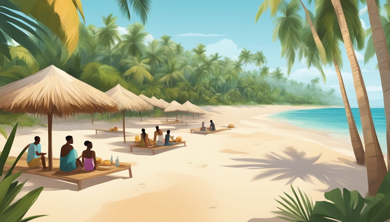 A tropical beach with palm trees, coconuts, and people from different cultures using coconut oil for cooking, skincare, and hair care