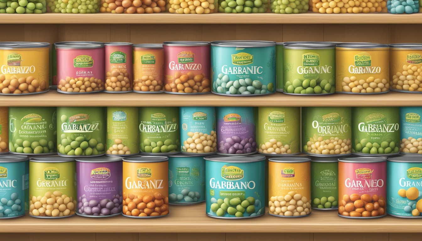 A pantry shelf with neatly arranged cans of Eden Foods organic garbanzo beans