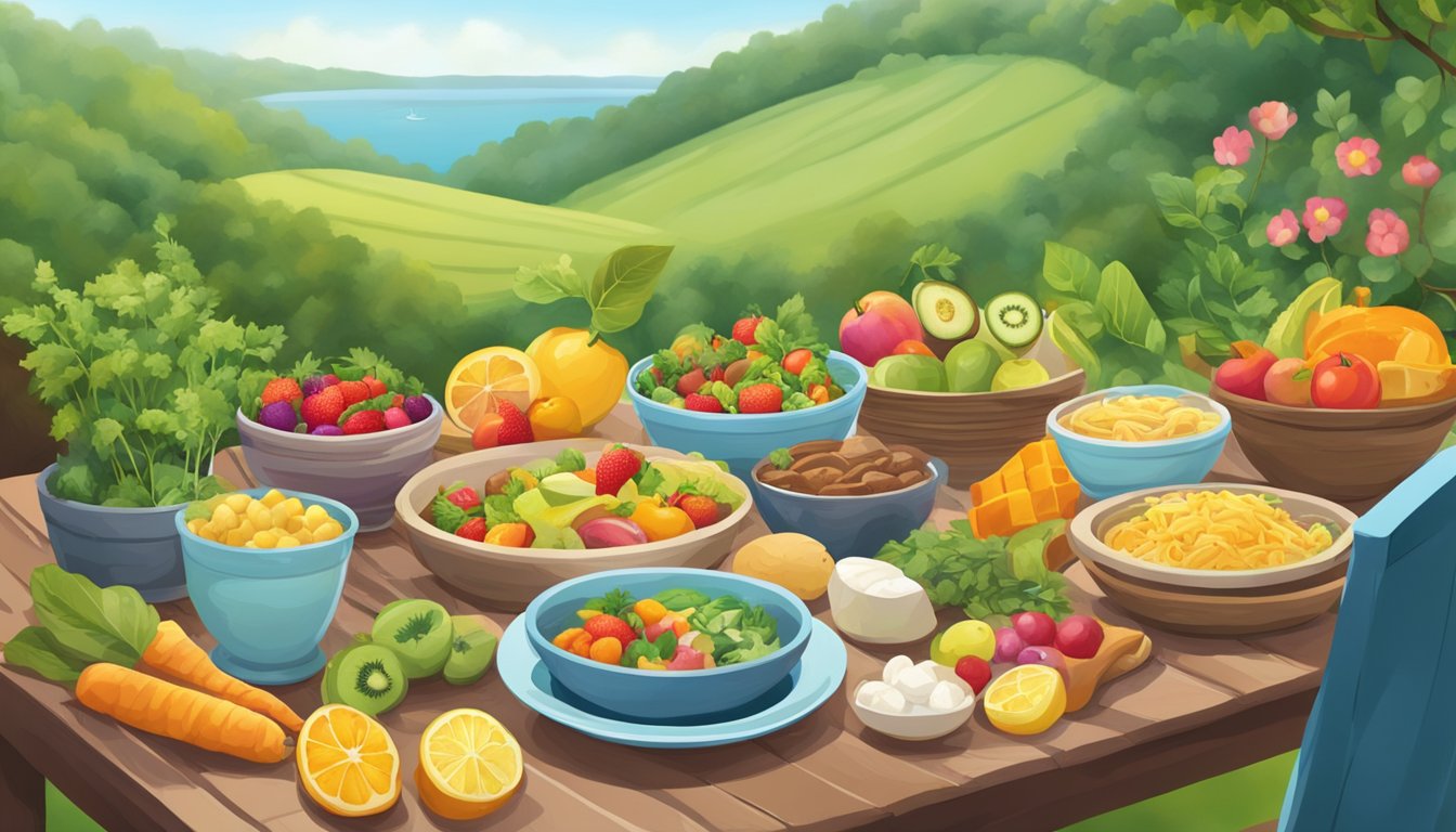 A table set with an array of colorful, nutrient-rich foods, surrounded by serene natural surroundings with a sense of mindfulness and peacefulness