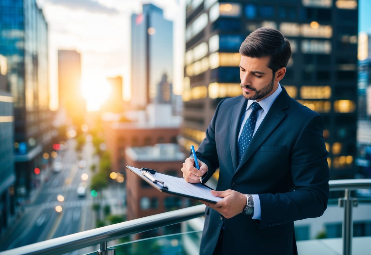 A commercial real estate appraiser examining a property with a clipboard and measuring tools, surrounded by buildings and a bustling cityscape