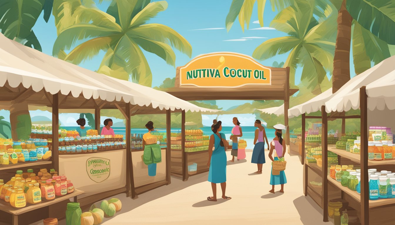 A tropical beach market with rows of coconut oil jars and a sign advertising "Nutiva Organic Virgin Coconut Oil." Shoppers examine labels and ask the vendor questions