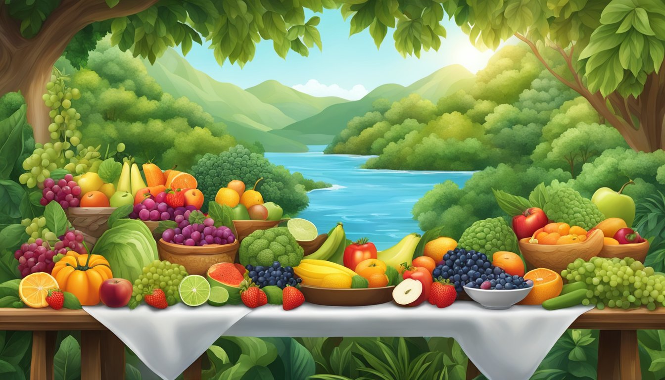 A bountiful table of vibrant, nutrient-rich fruits, vegetables, grains, and lean proteins, surrounded by lush greenery and flowing water