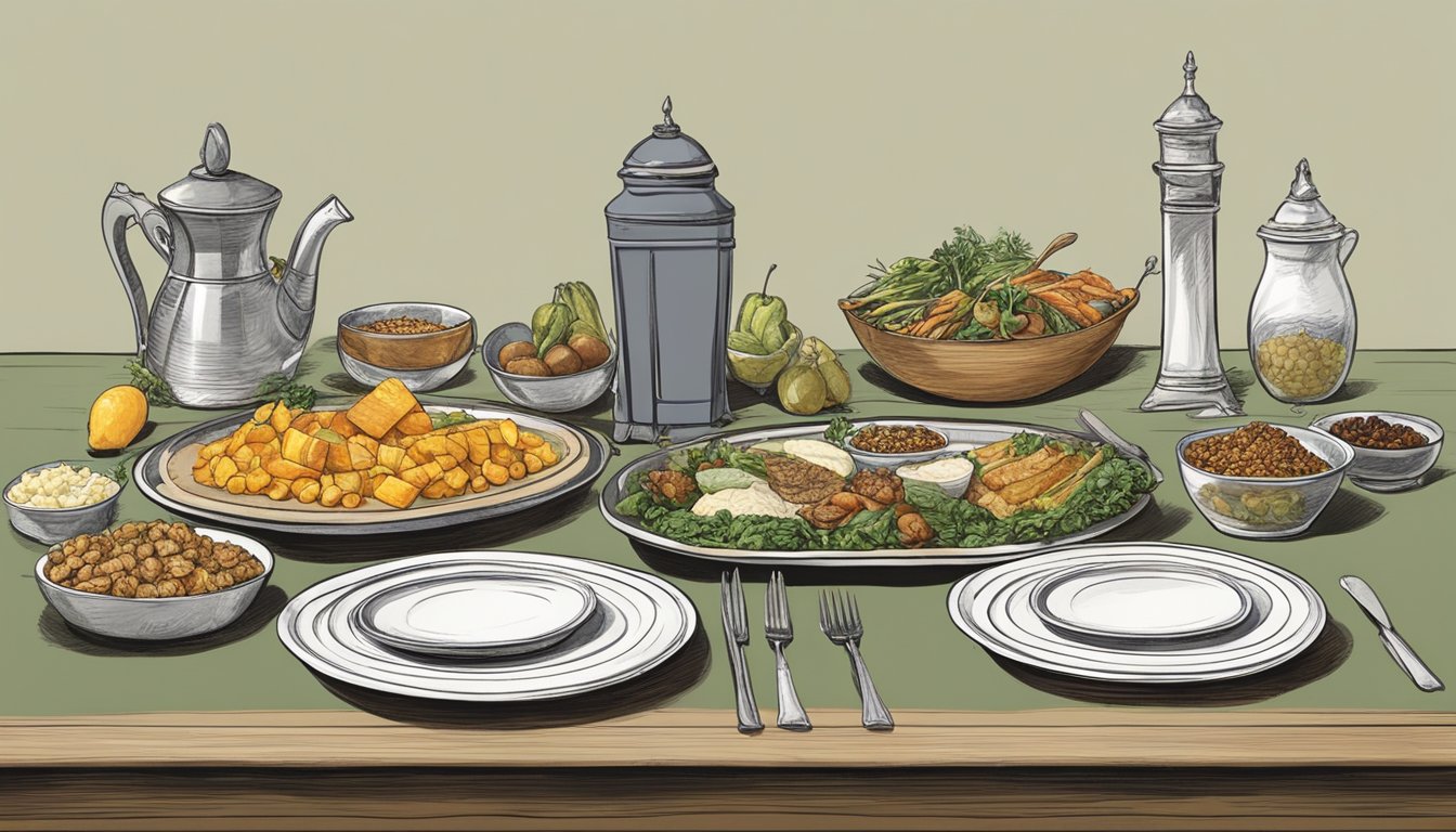 A table set for two, with a spread of food representing the Warrior Diet on one side and Traditional IF on the other