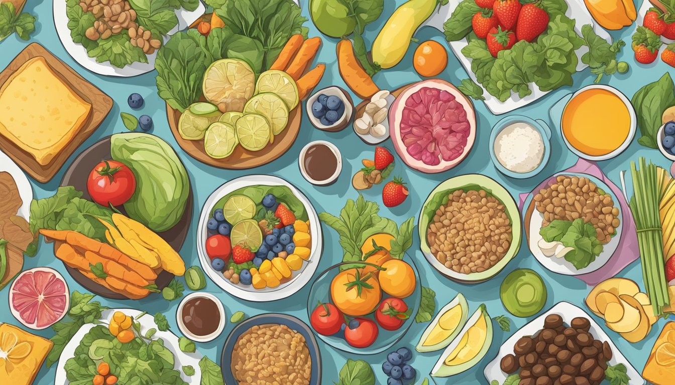 A table set with an array of colorful, nutrient-rich foods, surrounded by symbols of strength and mindfulness