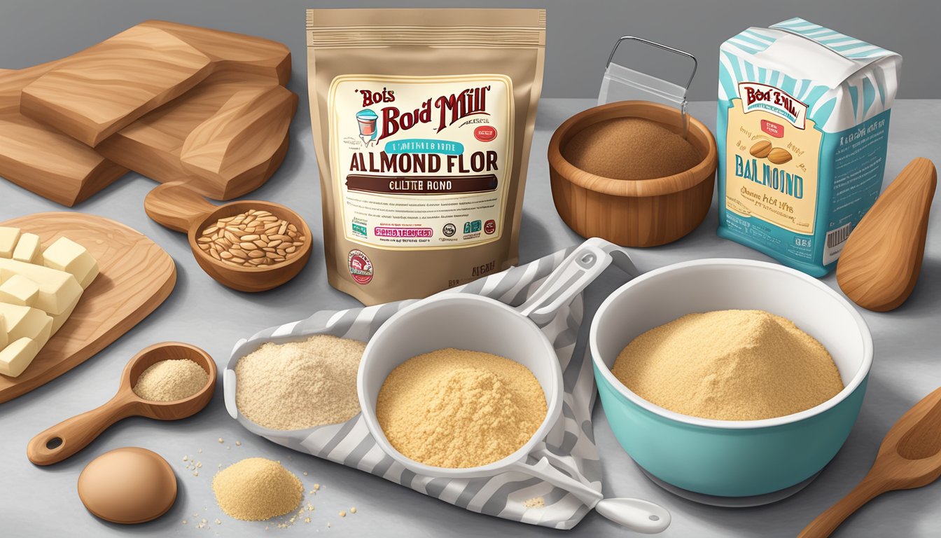 A kitchen counter with a bag of Bob's Red Mill almond flour surrounded by various gluten-free baking ingredients and utensils