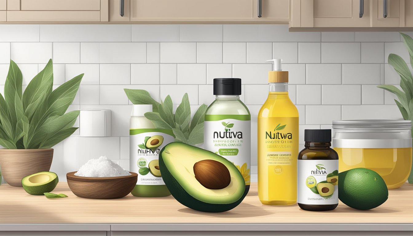 A kitchen counter with various alternative oils (avocado, olive, sunflower) next to a jar of Nutiva Organic Virgin Coconut Oil