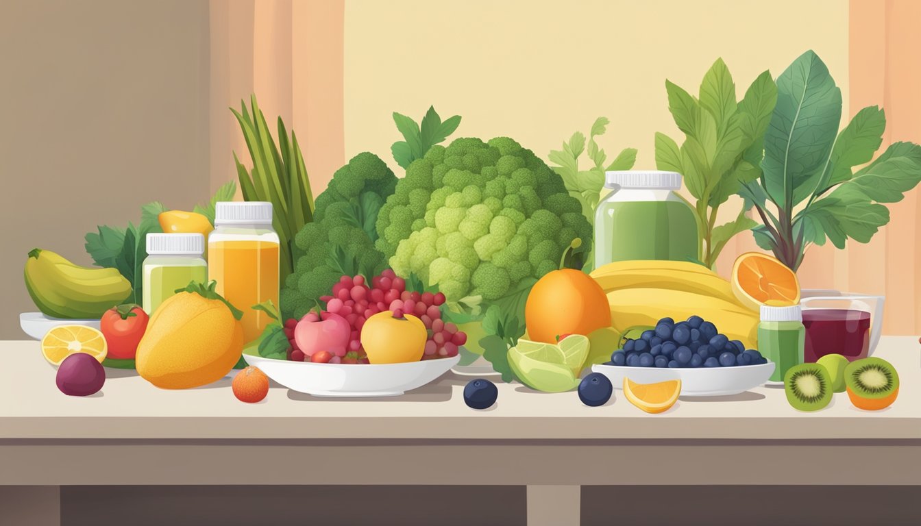 A table set with an array of colorful fruits, vegetables, and supplements, surrounded by a serene and mindful atmosphere