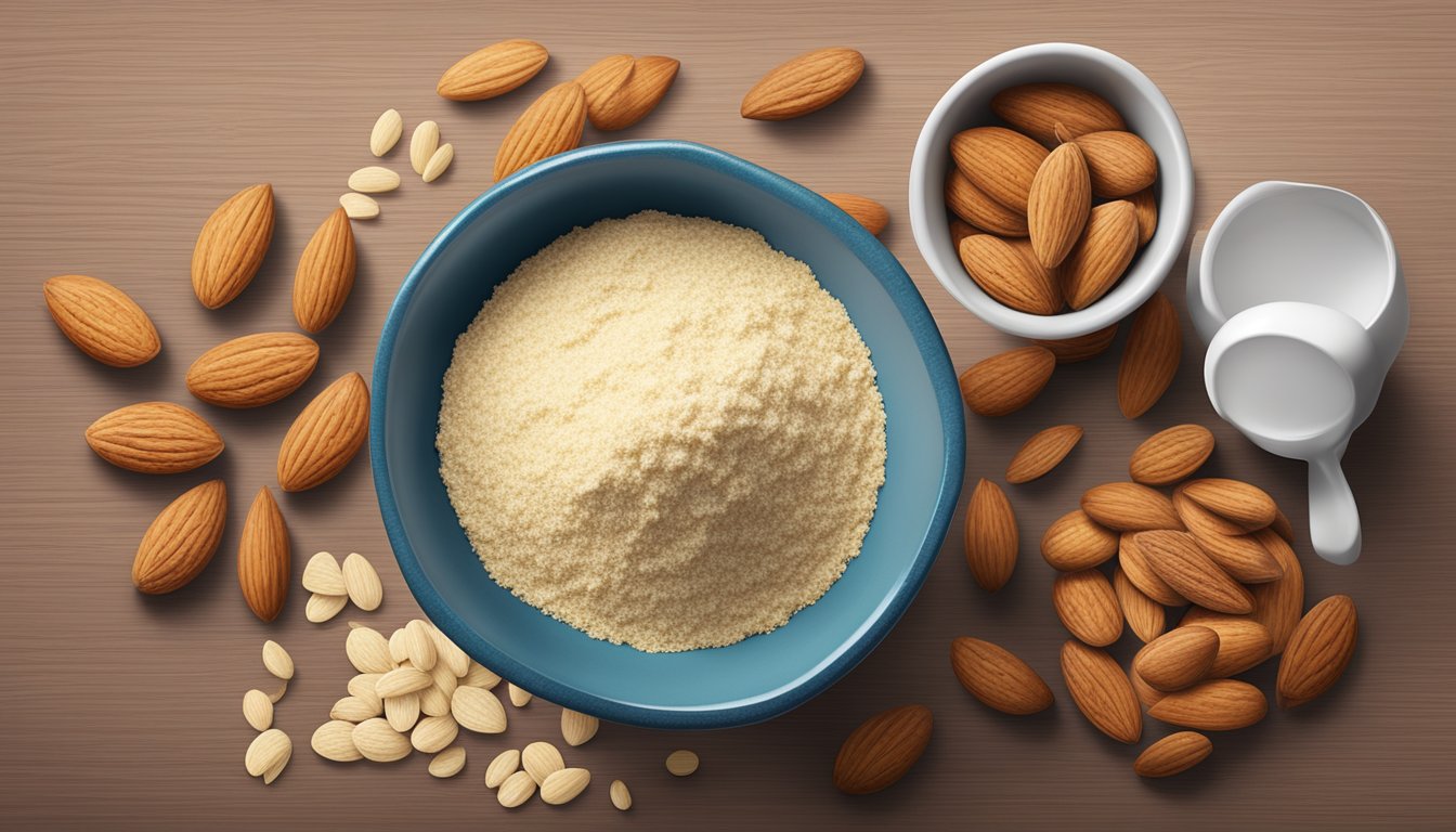 A bowl of almond flour surrounded by almonds and a measuring cup