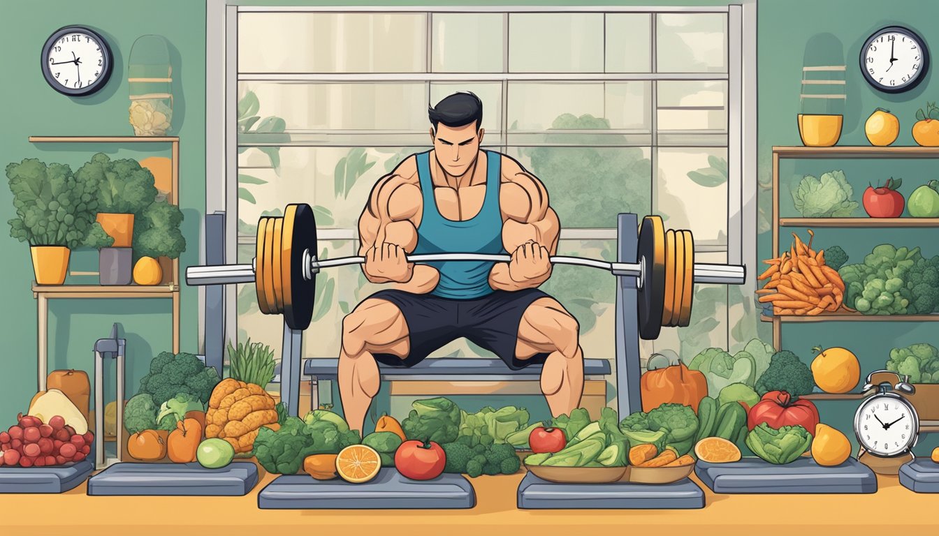 A muscular figure lifting weights in a gym, surrounded by healthy food options and a clock showing a strategic fasting schedule