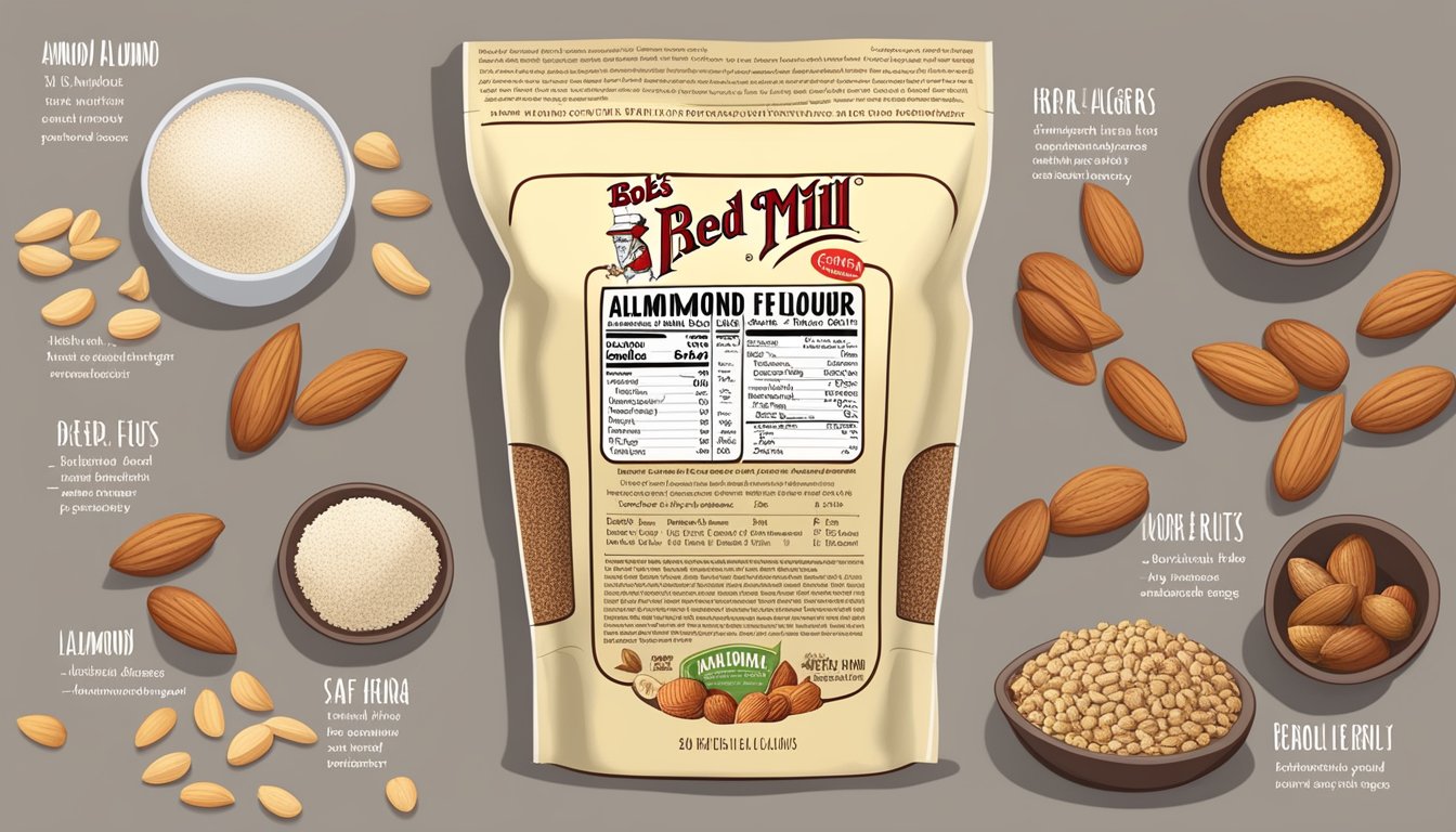 A bag of Bob's Red Mill almond flour surrounded by various nuts and a list of dietary considerations and allergens