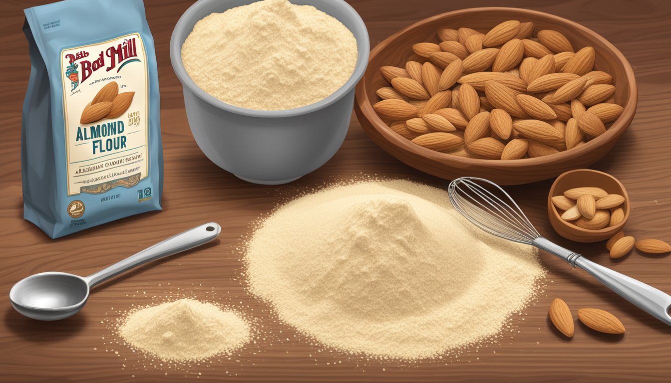 A bowl of almond flour sits on a wooden countertop, surrounded by measuring spoons, a whisk, and a bag of bobs red mill almond flour