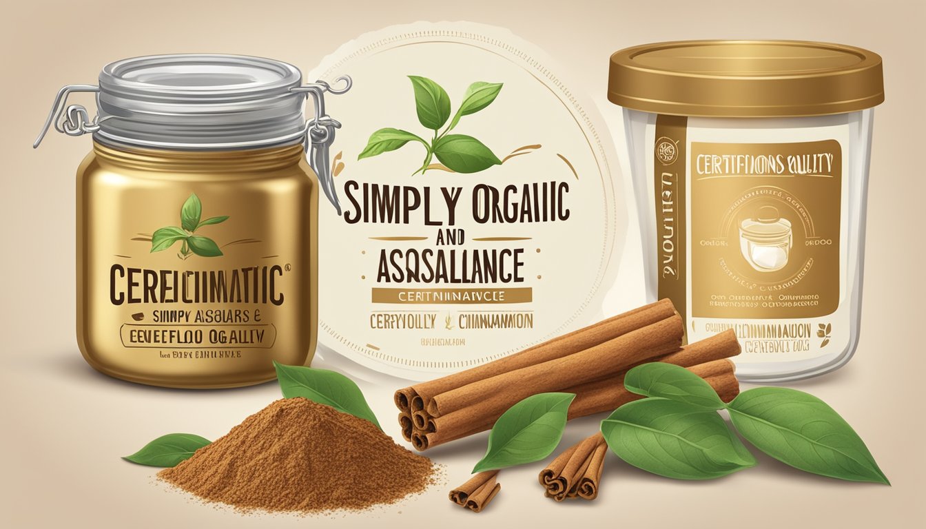 A golden seal with the words "Certifications and Quality Assurance" next to a jar of Simply Organic Ground Ceylon Cinnamon