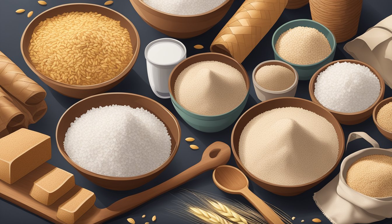 A variety of flours (wheat, rice, coconut) arranged in bowls, with a bag of Bob's Red Mill almond flour in the center