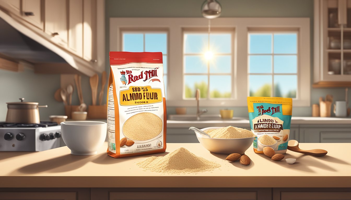 A bag of Bob's Red Mill almond flour sits on a kitchen counter next to a mixing bowl and measuring cups. Sunlight streams in through a nearby window, casting a warm glow on the scene