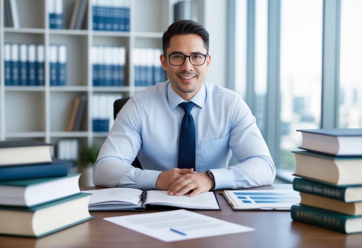 A commercial real estate appraiser studying licensure requirements and endorsement options, surrounded by reference books and legal documents