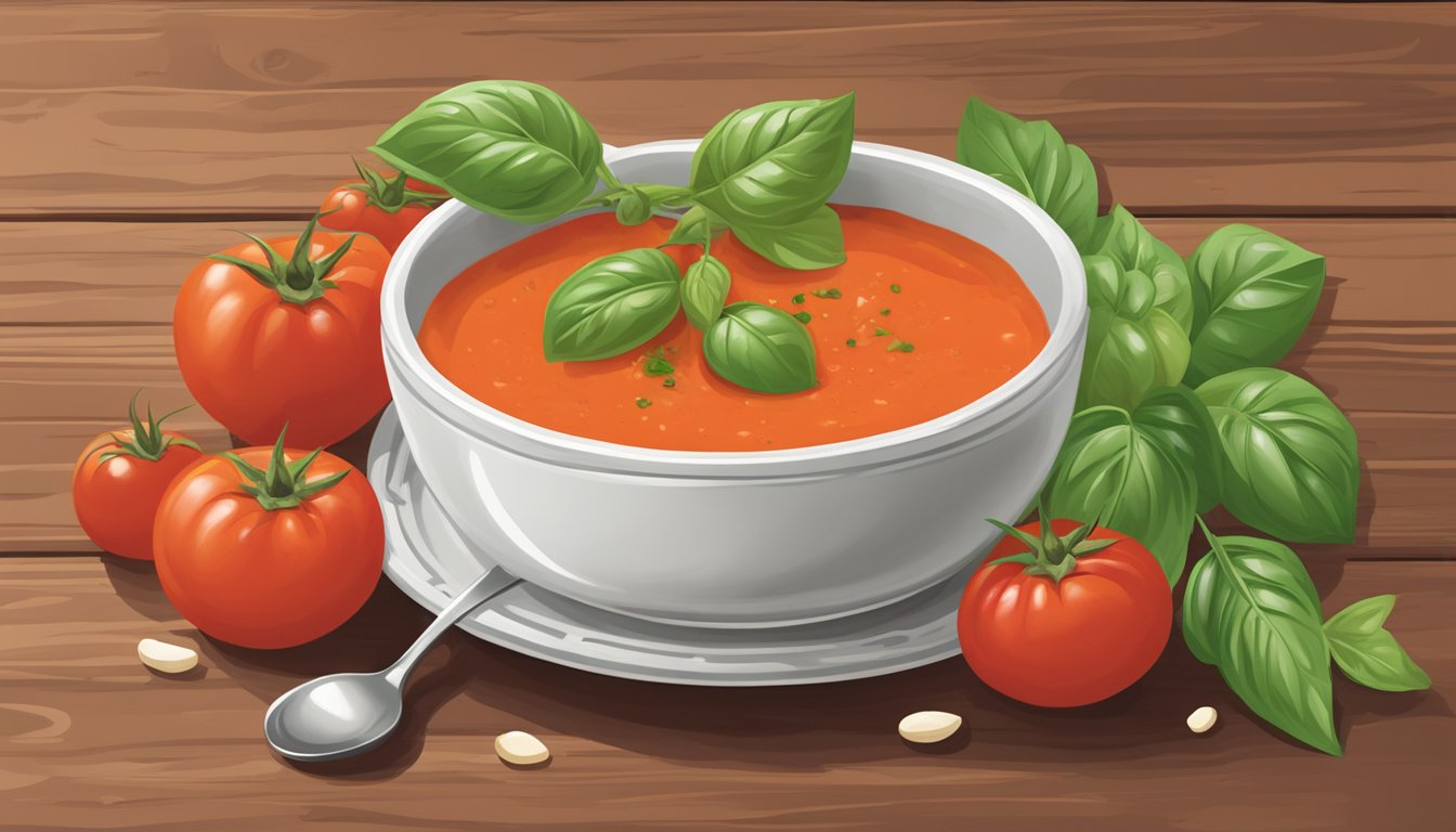 A bowl of Amy's Organic Chunky Tomato Bisque surrounded by fresh tomatoes and basil leaves on a rustic wooden table