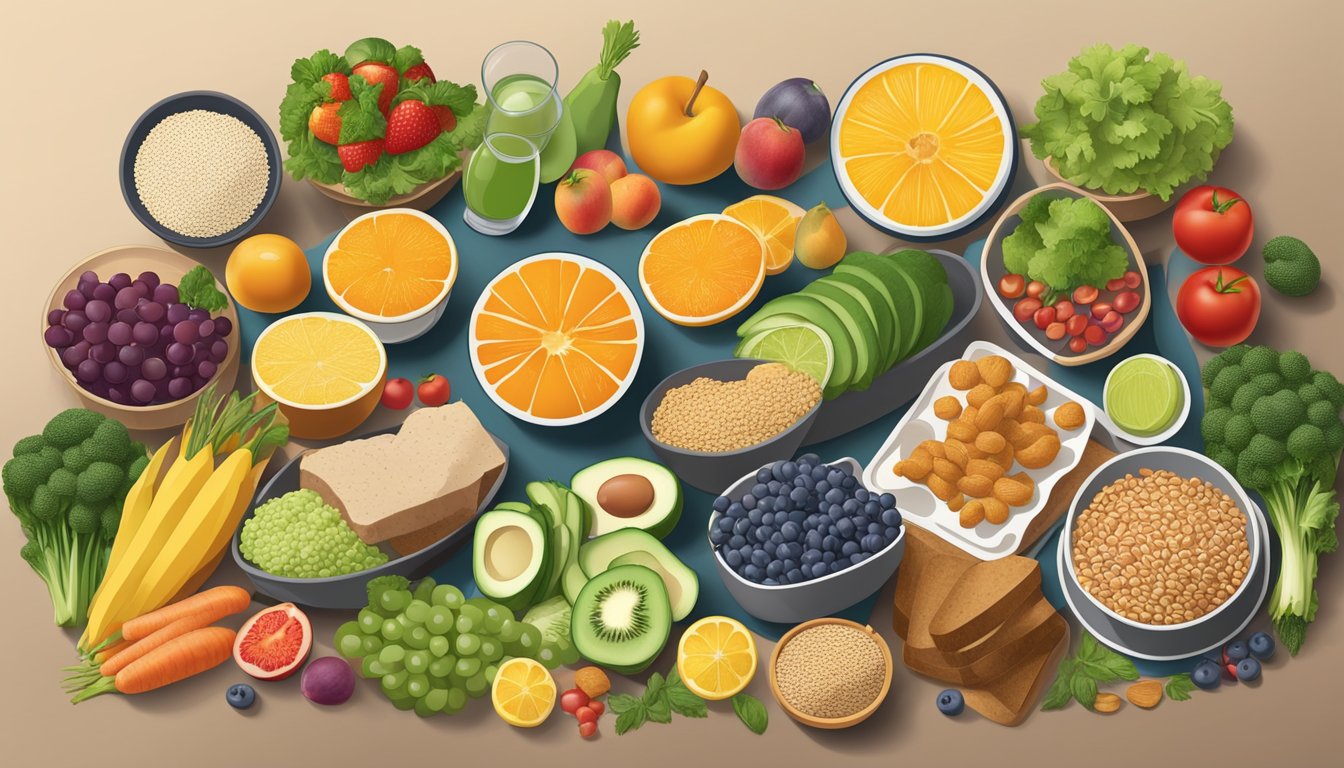 A table spread with a variety of affordable, healthy foods, including fruits, vegetables, whole grains, and lean proteins, arranged in an appealing and appetizing display