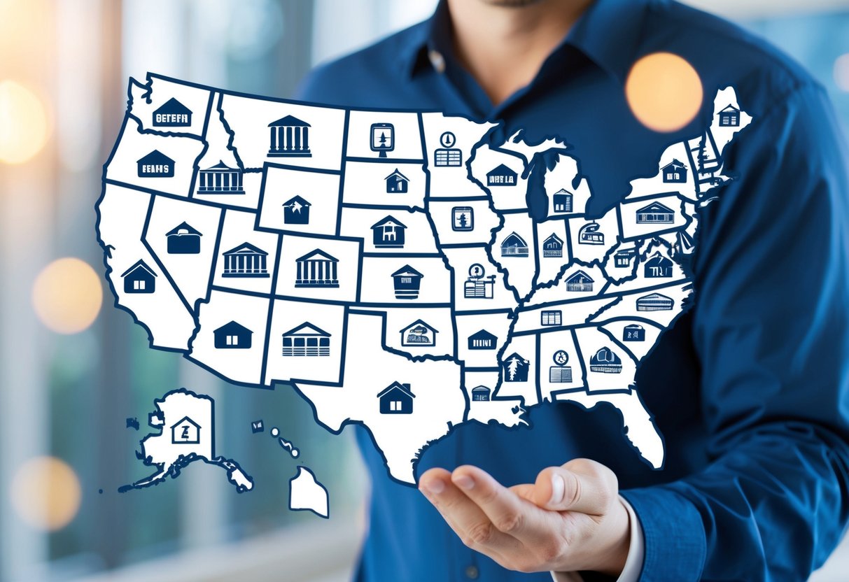 A map of the United States with various state-specific symbols and icons representing different requirements and options for commercial real estate appraisers