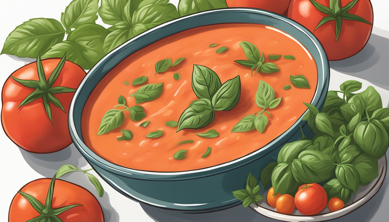 A steaming bowl of Amy's Organic Chunky Tomato Bisque surrounded by fresh, vibrant tomatoes and basil leaves