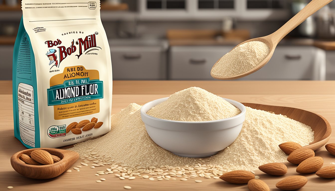 A bag of Bob's Red Mill almond flour surrounded by scattered almonds and a wooden spoon on a kitchen counter