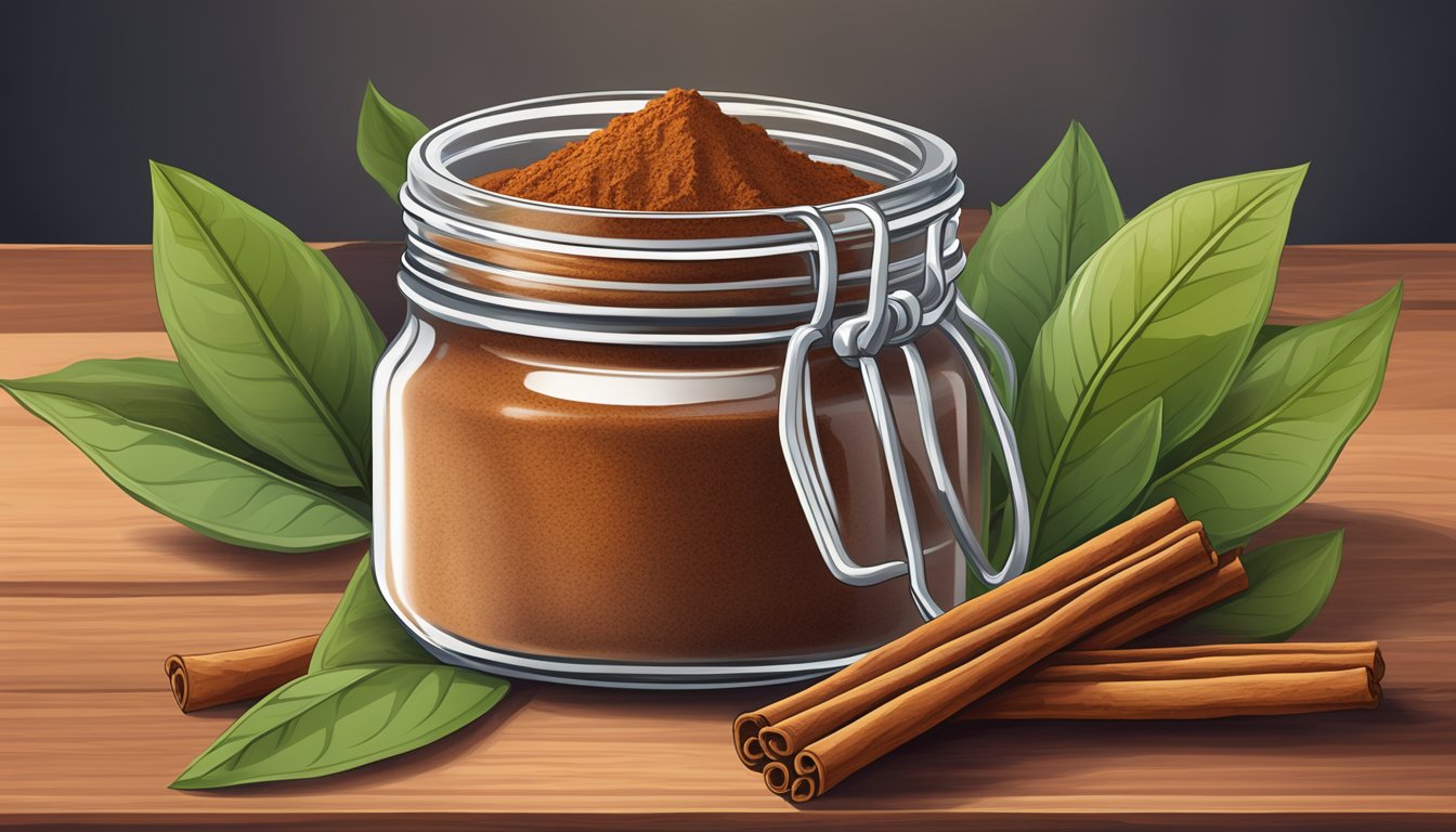 A jar of Simply Organic ground Ceylon cinnamon surrounded by cinnamon sticks and fresh ceylon cinnamon leaves on a wooden cutting board