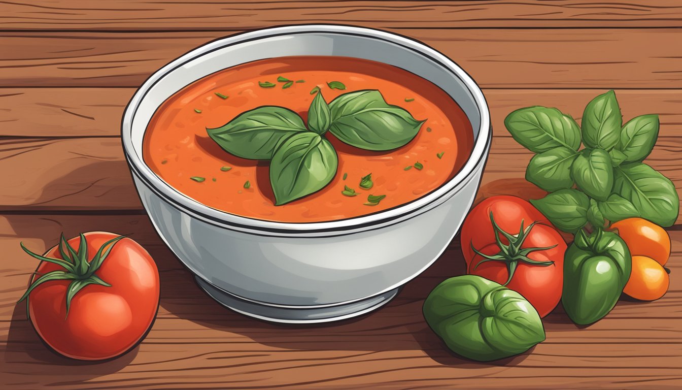 A steaming bowl of Amy's Organic Chunky Tomato Bisque surrounded by fresh tomatoes and basil leaves on a rustic wooden table