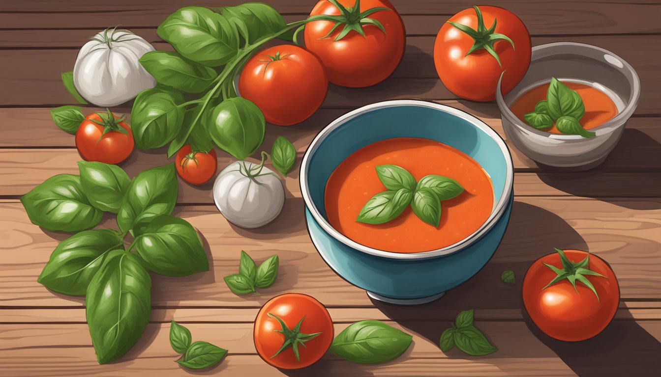 A bowl of Amy's Organic Chunky Tomato Bisque surrounded by fresh tomatoes and basil leaves on a rustic wooden table