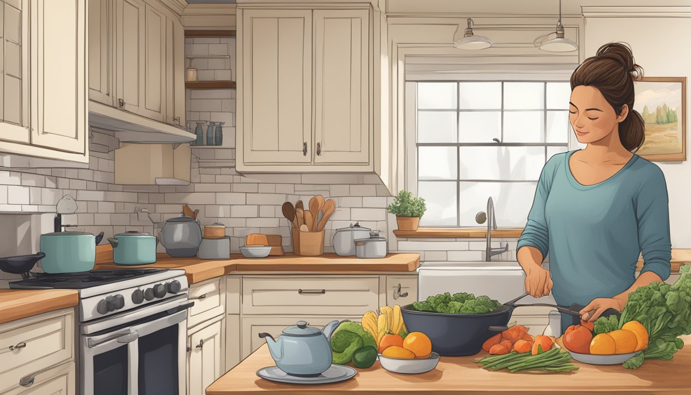 A determined figure prepares a simple, yet hearty meal using affordable ingredients in a cozy kitchen, surrounded by motivational quotes and images of strength and resilience