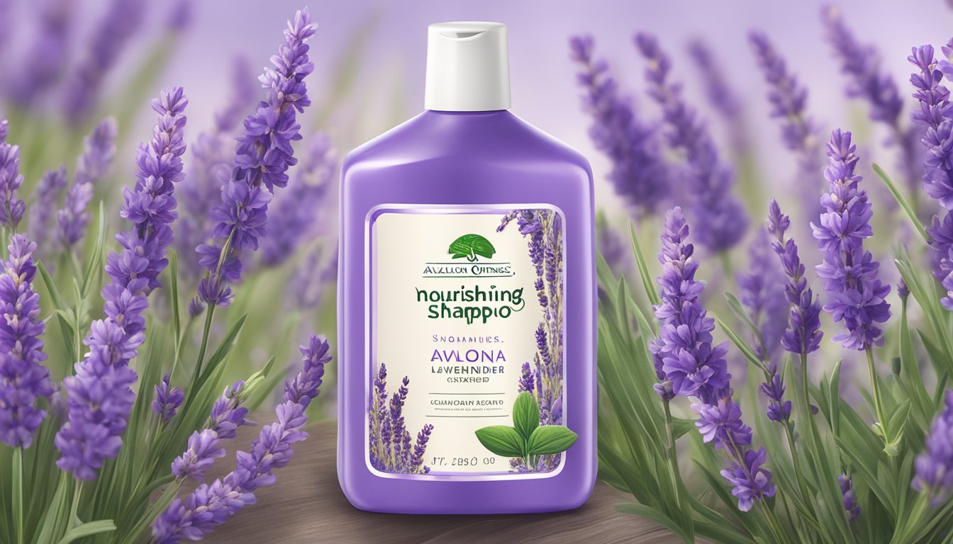 A clear bottle of Avalon Organics Nourishing Lavender Shampoo surrounded by blooming lavender flowers