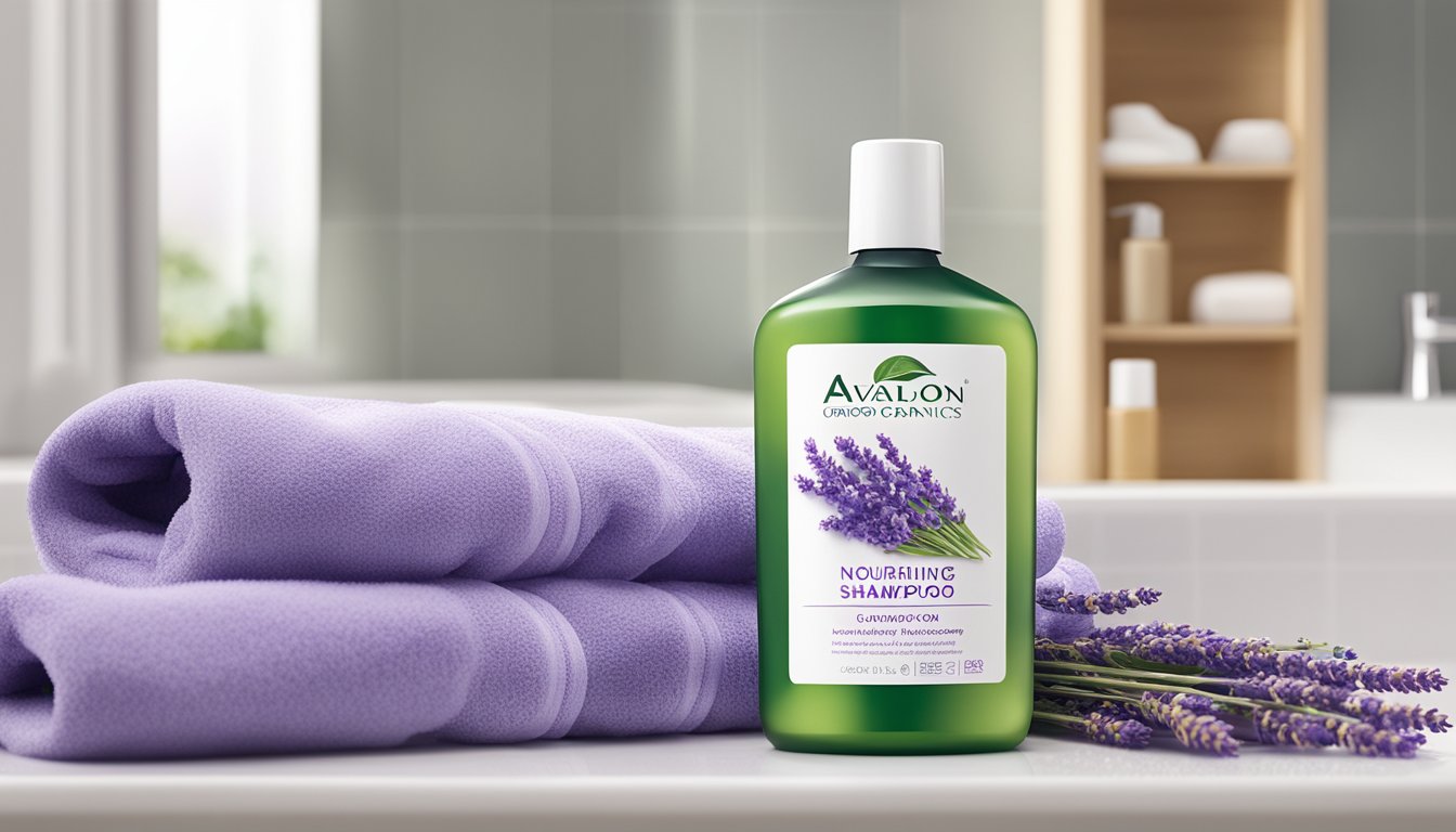 A bottle of Avalon Organics nourishing lavender shampoo sitting on a clean, white bathroom counter with a soft, purple towel nearby