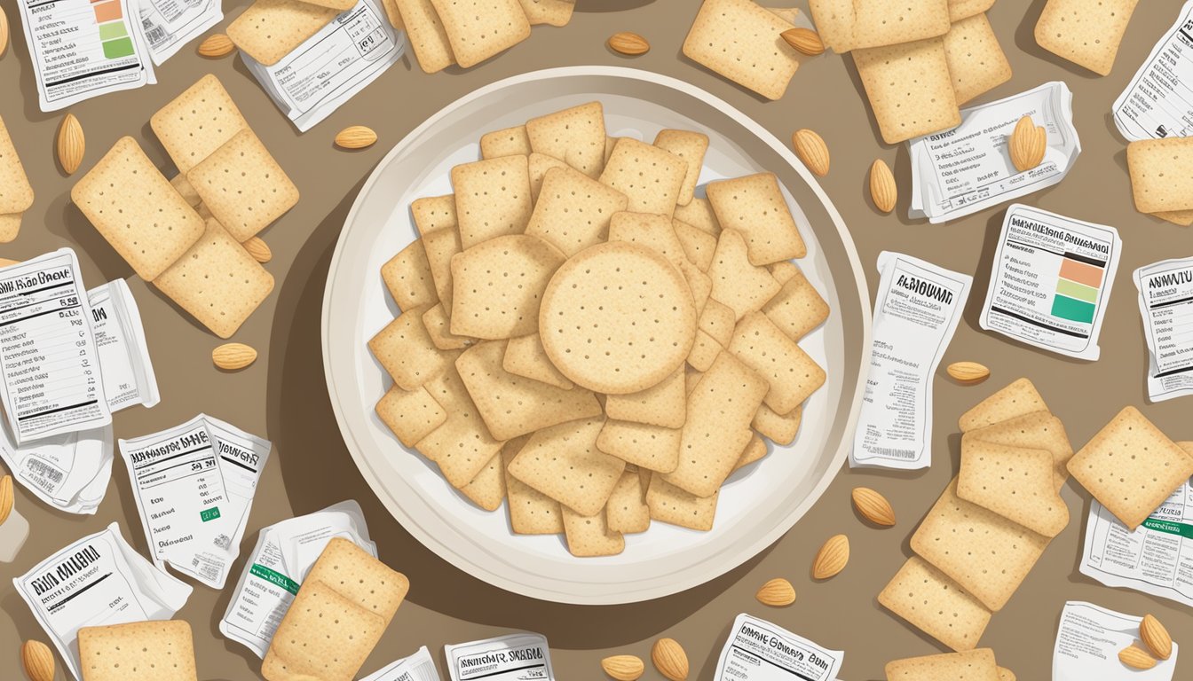 A bowl of almond flour crackers surrounded by scattered nutritional information labels