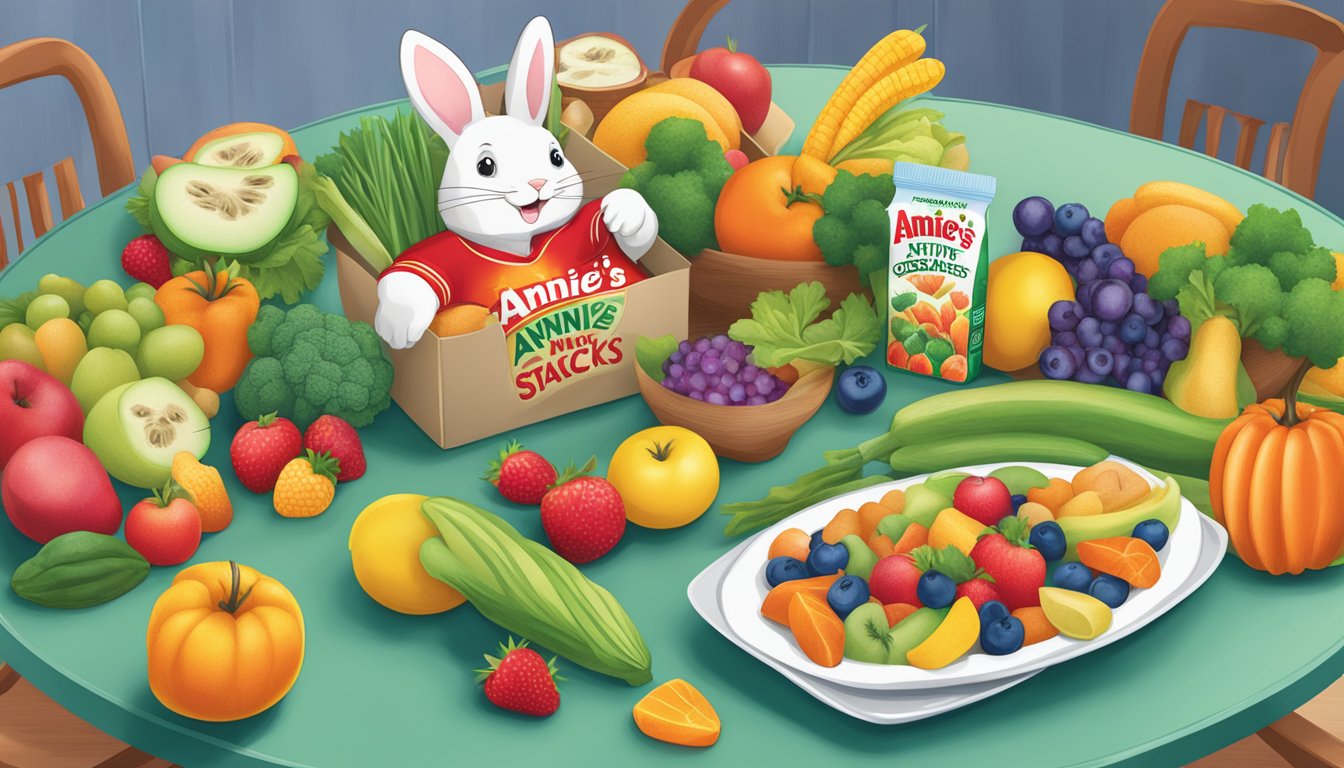 A table with a package of Annie's Organic Bunny Fruit Snacks surrounded by colorful fruits and vegetables