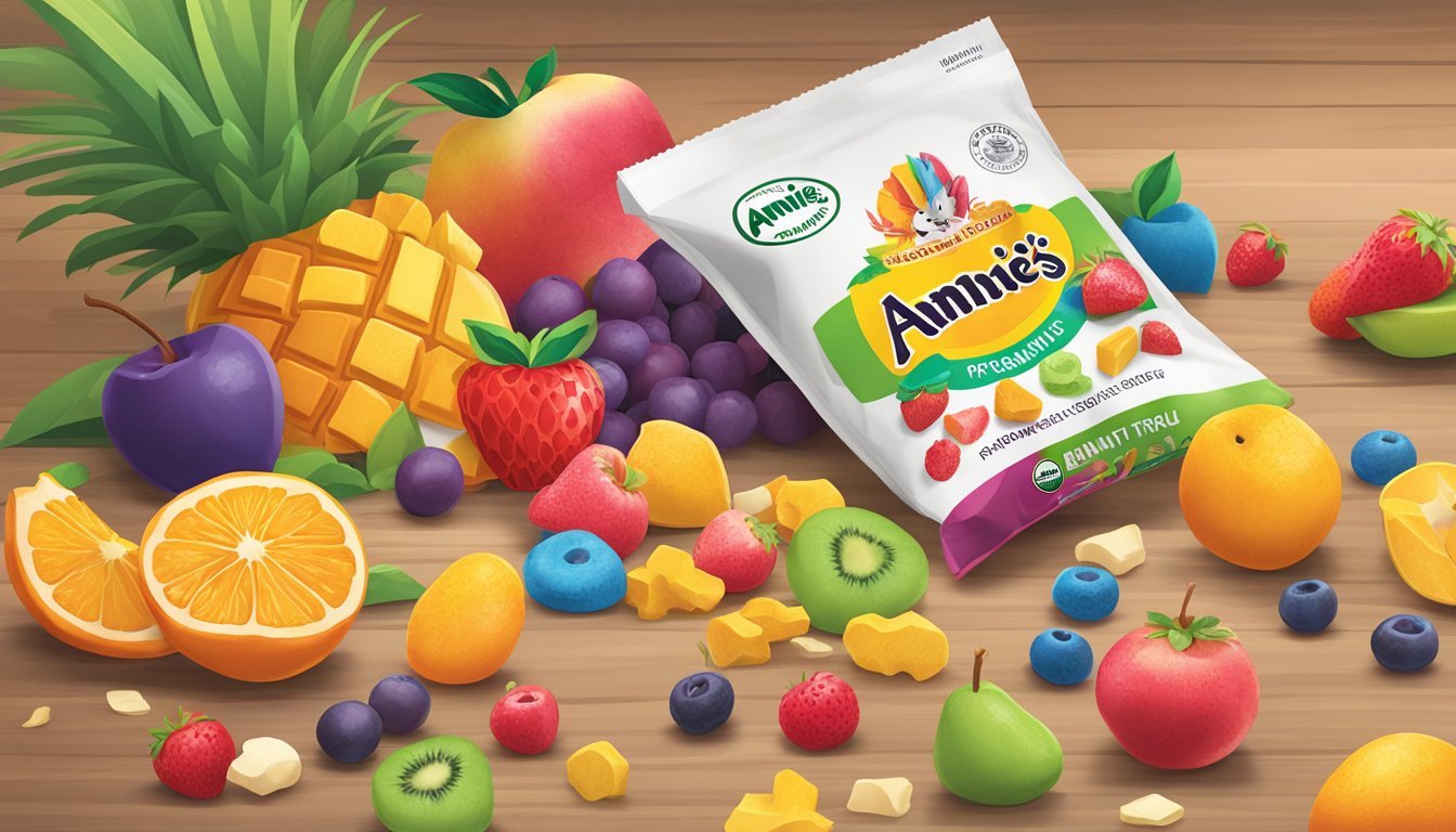 A colorful pile of assorted fruit shapes and flavors spills out of a torn open Annie's Organic Bunny Fruit Snacks bag onto a wooden table