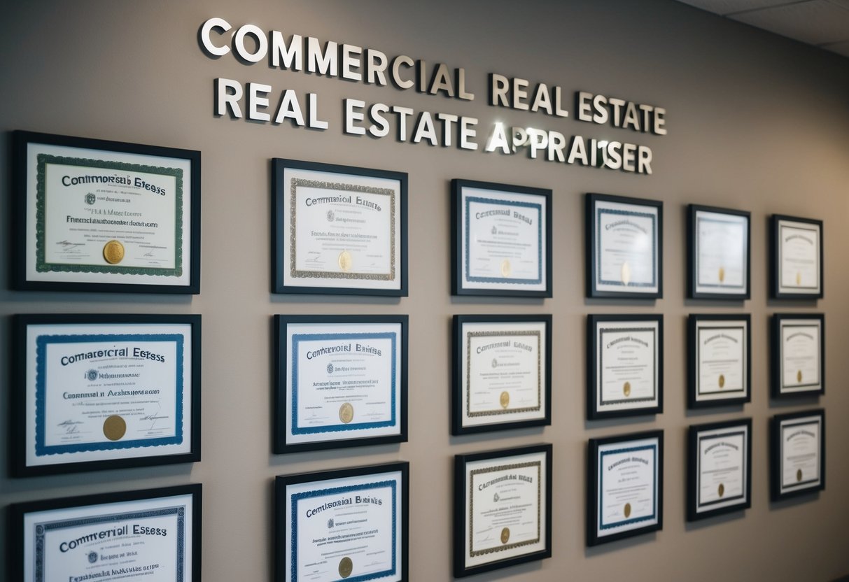 A wall displaying various certificates and licenses for commercial real estate appraisers in California