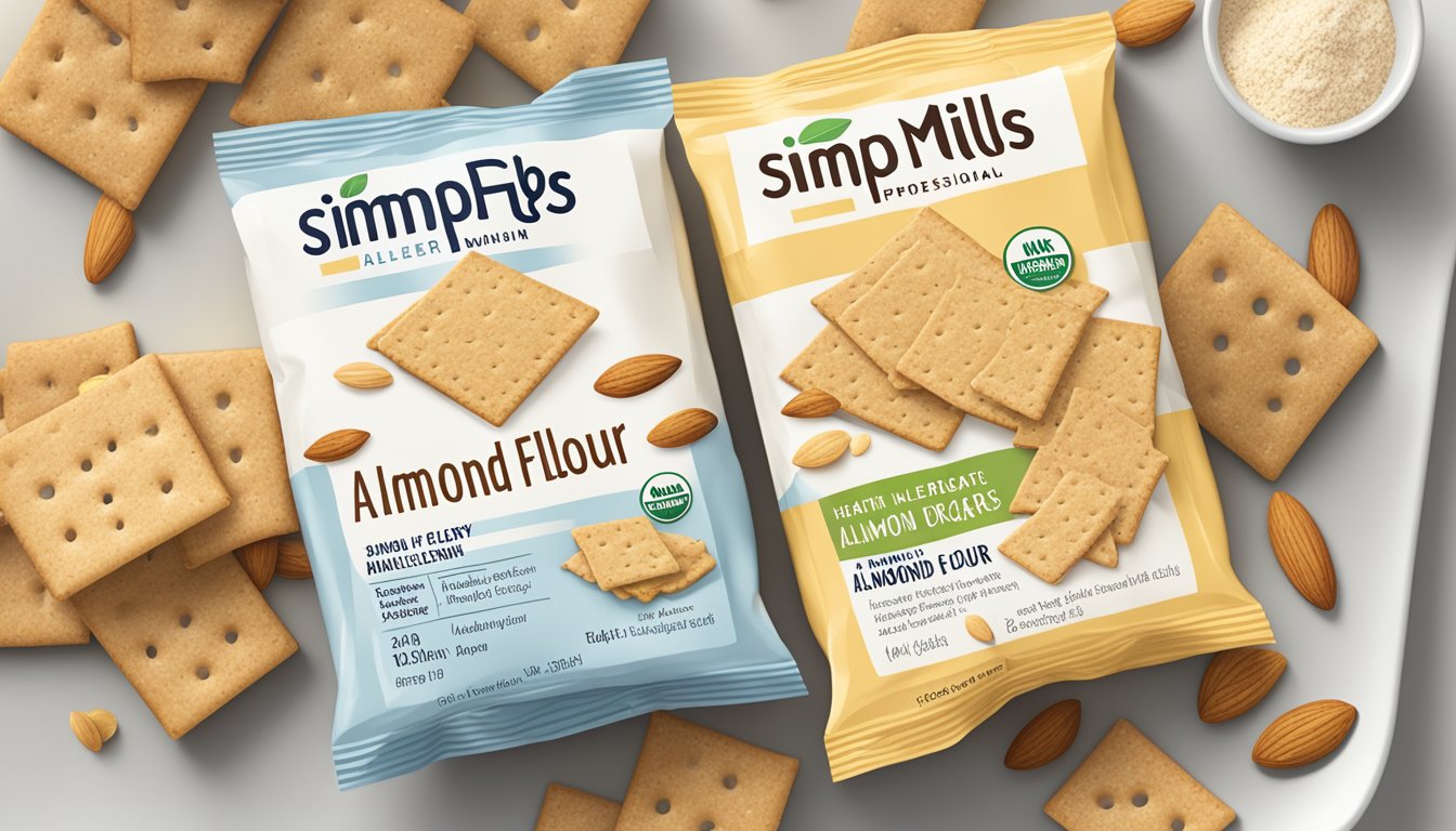 A plate of Simple Mills almond flour crackers with a clear label showing health and allergy information