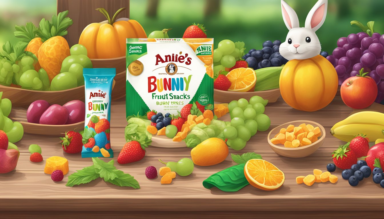 A colorful array of Annie's Organic Bunny Fruit Snacks scattered on a wooden table, surrounded by fresh fruits and vegetables