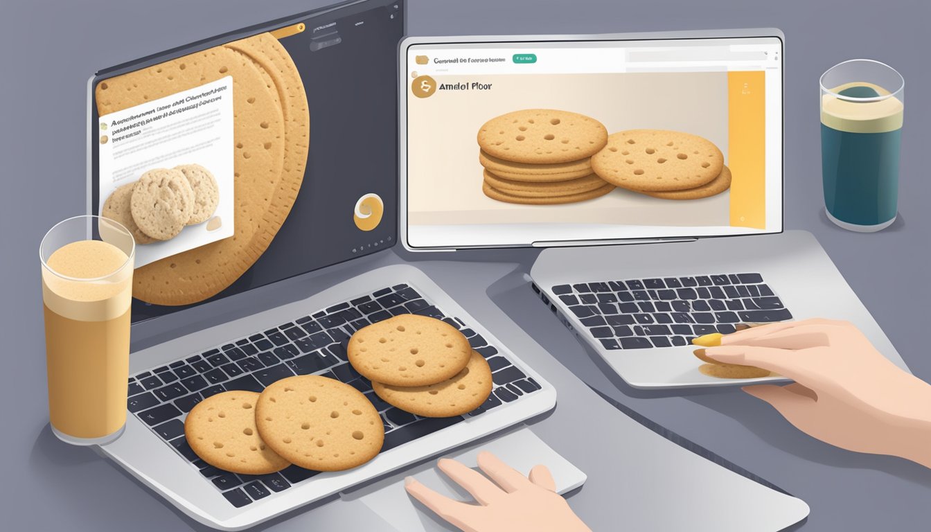 A hand holding a simple mills almond flour cracker with a computer screen displaying a cookie policy in the background