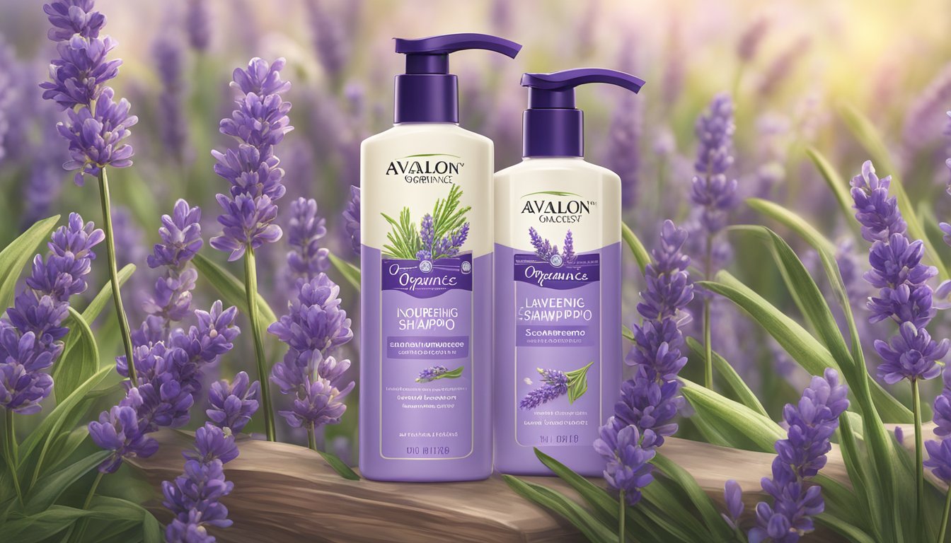 A bottle of Avalon Organics Nourishing Lavender Shampoo surrounded by fresh lavender flowers and sprigs, with a soft, natural light illuminating the scene