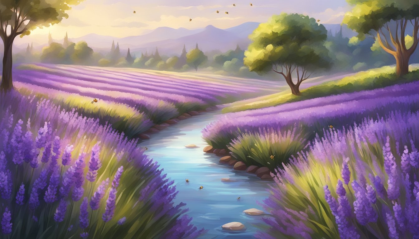 A serene lavender field with bees buzzing around, surrounded by lush greenery and clear flowing water