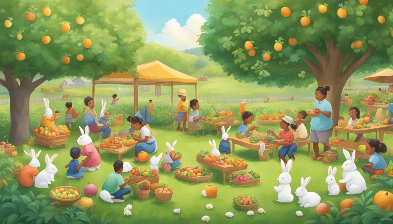 A lush green field with bunnies munching on ripe fruit, surrounded by happy, diverse families enjoying the snacks together